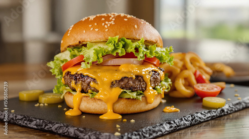 Burger with cheese dripping from it sits on a black table