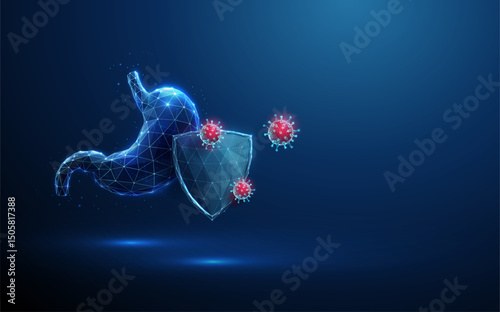 Blue human stomach behind the futuristic guard shield. Stomach protection. Healthcare medical concept.