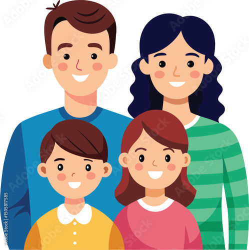 Happy Cartoon Family Portrait – Parents with Two Kids Vector Illustration. 