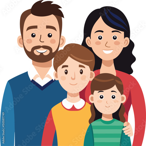 Happy Cartoon Family Portrait – Parents with Two Kids Vector Illustration. 