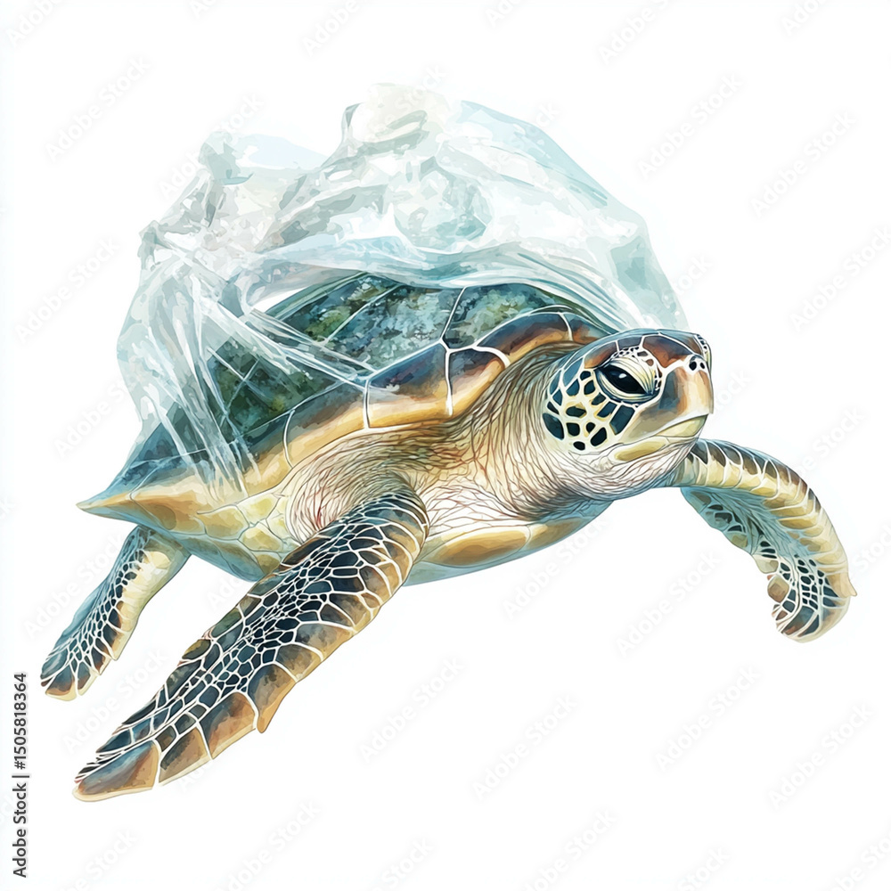 Obraz premium Watercolor painting of a sea turtle stuck to a plastic bag.