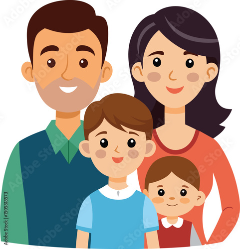 Happy Cartoon Family Portrait – Parents with Two Kids Vector Illustration. 