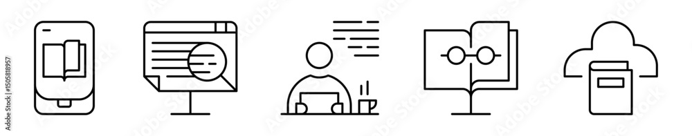 Conjunto de iconos de lectura digital. Acceso, estudio, comodidad. Libro móvil, análisis de texto, lectura relajada, consulta en pantalla, biblioteca en la nube. Ilustración vectorial
