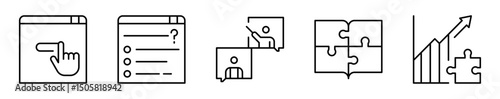 Conjunto de iconos de aprendizaje interactivo. Participación, retroalimentación, progreso. Interfaz activa, cuestionario digital, diálogo educativo, contenido lúdico, evaluación dinámica