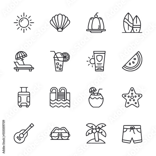 Sixteen lineart icons depict beach and vacation themes on a plain backdrop