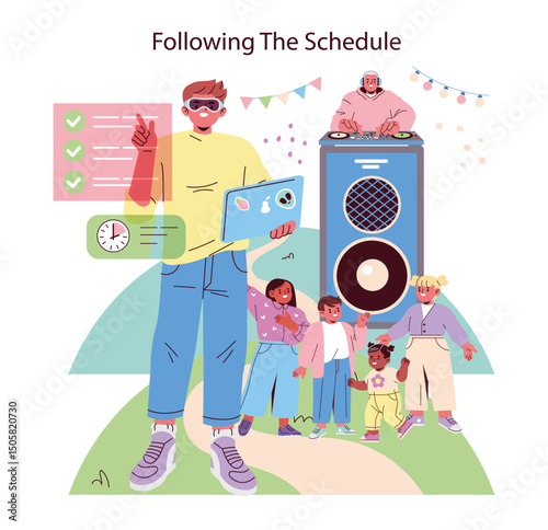 Following The Schedule at Outdoor Event Vector Illustration