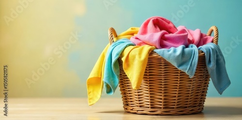 Oversized woven laundry basket overflowing with colorful clothes, ready for washing Perfect for home organization and spring cleaning imagery , cleanliness, storage, rustic