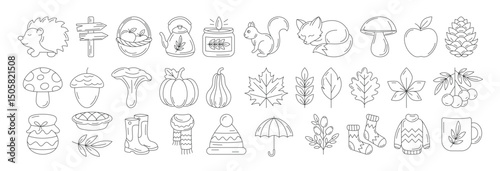 Line art autumn symbols like a hedgehog leaves pumpkins mushroom clothes and a mug