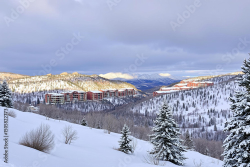 Serene Snowy Mountain Landscape Under Cloudy Skies With Evergreen Trees