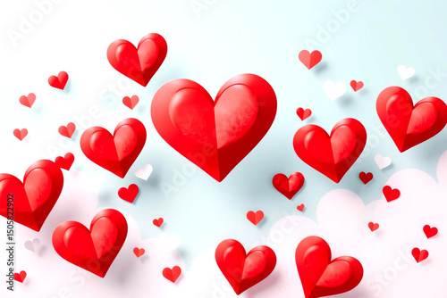 Vibrant Red Hearts Floating in a Dreamy White and Blue Gradient Sky