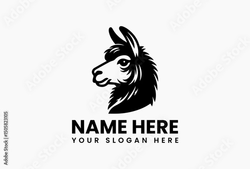 Stylized black and white vector logo illustration of a llama head with patterned fur on a plain background. Animal concept