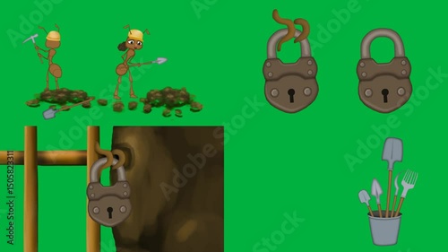 Animated cartoon 2d Lock, Lock, Tree, Tree, detailed on green screen, chroma key, 4k, suitable for stock video, security, nature, and creative projects.