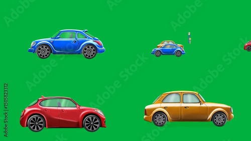 Cartoon 2d characters Car, Car, Car, Car, different styles on green screen, chroma key, 4k, animated, great for stock video projects needing transport or vehicle themes.