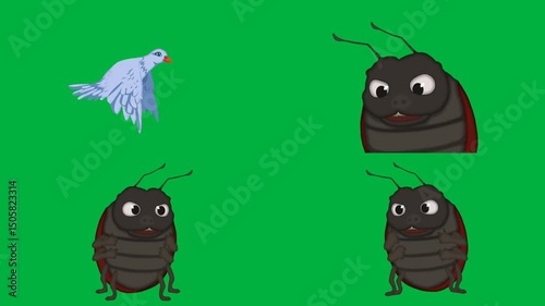 Animated 2d cartoon Bug, Bug, Bird, Bird, flying on green screen, chroma key, 4k, ideal for stock video, animation, and creative projects with animal elements.
