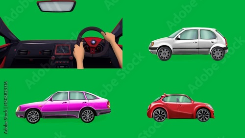 Animated cartoon 2d Car, Car, Car, Hand, driving on green screen, chroma key, 4k, perfect for stock video projects involving transportation, car interiors, or driving themes.