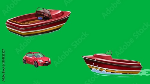2d animated cartoon Car, Car, Boat, Boat, driving on green screen, chroma key, 4k, ideal for stock video projects related to travel, transport, and various vehicle types.