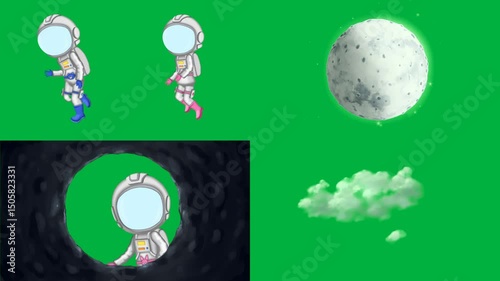 Cartoon 2d animation Earth, Moon, Cloud, Spaceman, standing and smiling, on green screen, chroma key, 4k, animated, perfect for stock video, space, explainer and educational projects.