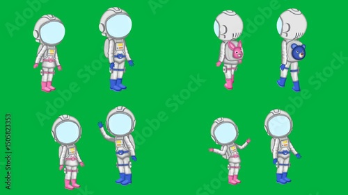 Animated 2d cartoon Spaceman, Spaceman, Spaceman, Spaceman, standing, on green screen, chroma key, 4k, ideal for stock video, space, science, and costume projects.
