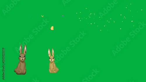 Animated 2d character rabbit, rabbit, butterfly, flower on green screen, chroma key, 4k, cartoon. Perfect for stock video, wildlife, spring, and kids content.