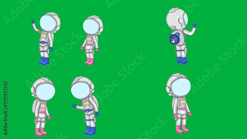 Cartoon 2d characters Spaceman, Spaceman, Spaceman, Spaceman, standing, on green screen, chroma key, 4k, animated, perfect for stock video, space and creative scenes.