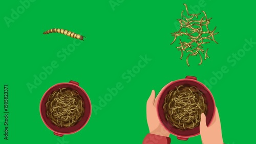 Cartoon 2d characters Hand, Rice, Rice, Bowl, on green screen, chroma key, 4k, animated, perfect for stock video, food, and creative scenes.