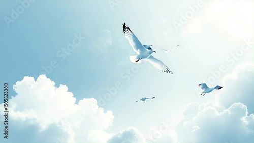 Animation video An airplane soars in the blue sky with birds flying freely among the white clouds.