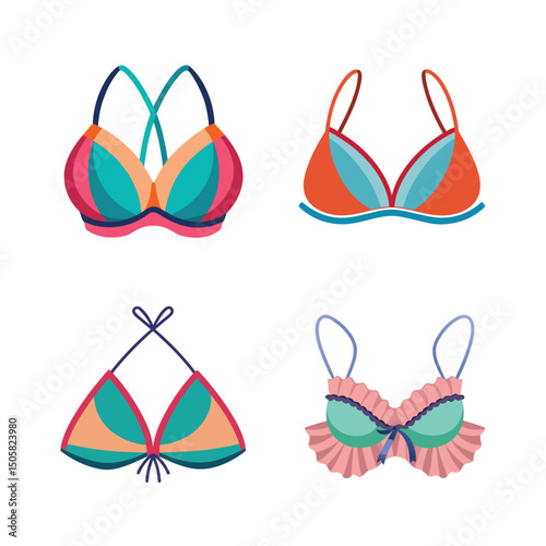 Illustrated bikini top collection featuring colorful styles with crisscross straps, knots, and ruffles. Ideal for beachwear, summer ads, swimwear catalogs, branding, and fashion projects.