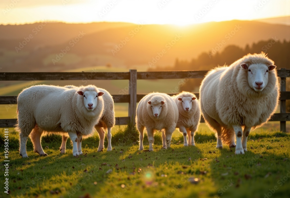 Obraz premium A flock of sheep standing on a grassy field during sunset with a wooden fence in the background