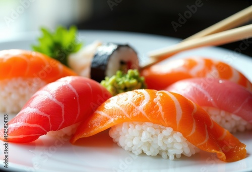 Assorted fresh sushi pieces with salmon, tuna, and shrimp on a white plate photo