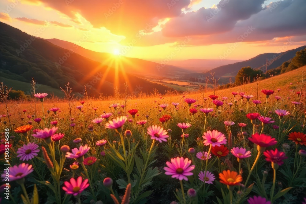 Fototapeta premium Golden hour sunlight bathes a vibrant landscape in warm, rosy hues Wildflowers bloom in profusion, creating a breathtaking scene of natural beauty and serenity , orange, field