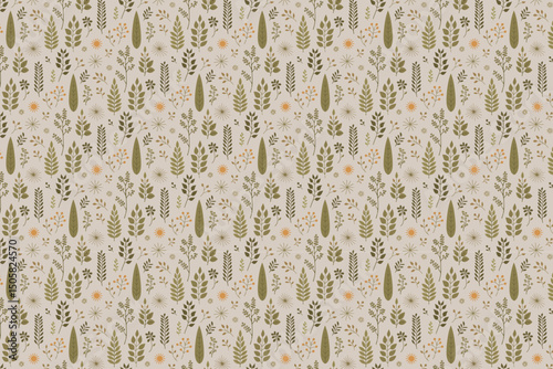 Minimal Botanical Seamless Pattern with Hand-Drawn Leaves and Flowers