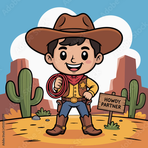 Cute Cartoon Cowboy Character Illustration – Kid-Friendly Western Mascot with Hat, Lasso, Boots and Big Smile in Flat Vector Style