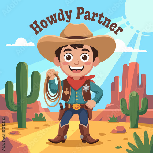 Cute Cartoon Cowboy Character Illustration – Kid-Friendly Western Mascot with Hat, Lasso, Boots and Big Smile in Flat Vector Style