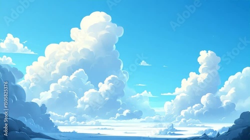 Slow animation video Blue sky with fluffy white clouds over the calm sea.