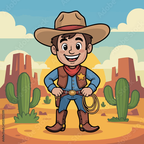 Cute Cartoon Cowboy Character Illustration – Kid-Friendly Western Mascot with Hat, Lasso, Boots and Big Smile in Flat Vector Style