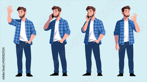 Young casual man with beard in blue checkered shirt showing gestures and talking on phone set isolated vector illustration