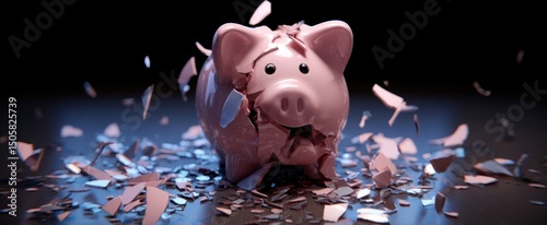 The broken piggy bank symbolizing financial challenges and lost savings. photo