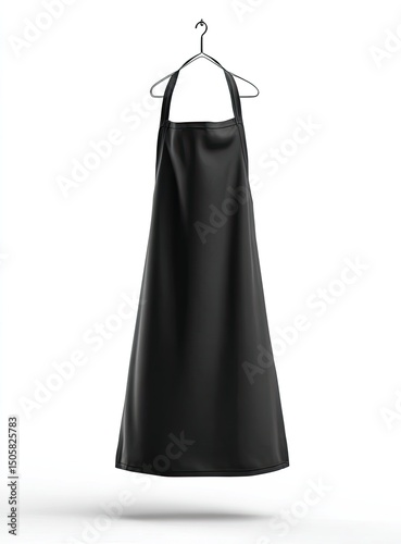 Black apron hanging on a metal hanger