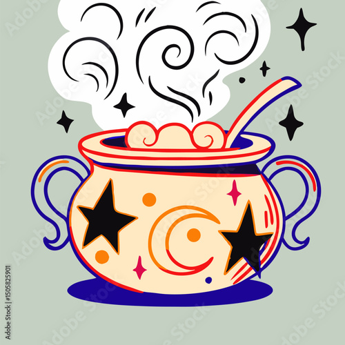 Mystical Cauldron with Stars and Moon Illustration