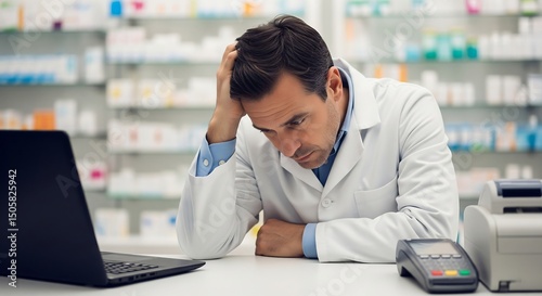 Frustrated Pharmacist with Head in Hand at Pharmacy Counter with Laptop