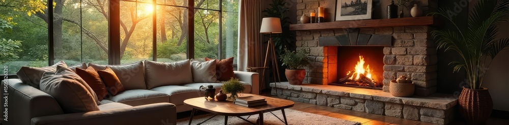 Fototapeta premium Cozy living room with a fireplace, large windows, and comfortable furniture Perfect for relaxation and family gatherings Warm lighting creates a welcoming atmosphere , armchair, stone, mantelpiece