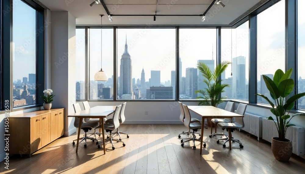 Fototapeta premium Modern, minimalist NYC office space with large windows offering stunning city views Sleek design, natural light, and contemporary furniture create a productive workspace , design, new york city