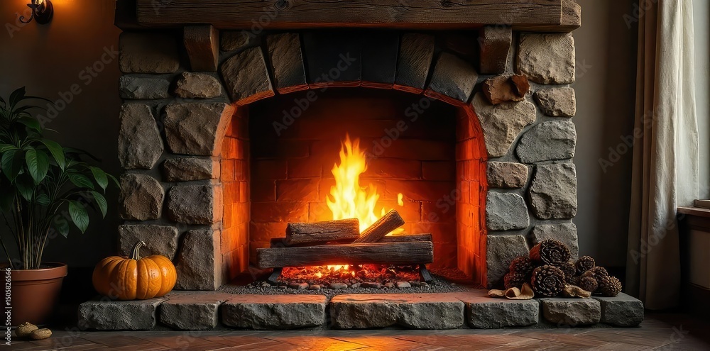 A cozy fireplace crackling merrily, casting a warm inviting glow on a rustic stone hearth Perfect for autumn, winter, or any time you need a touch of comforting warmth , background, hearth A cozy fireplace crackling merrily, casting a warm inviting glow on a rustic stone hearth Perfect for autumn, winter, or any time you need a touch of comforting warmth , background, hearth
