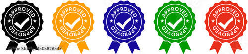Colorful Approved Badges with Checkmarks and Ribbons Enhance Trust and Credibility. Suitable for apps and website UI designs