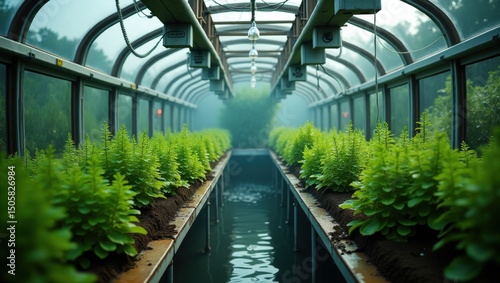 Growing hydroponic plants in greenhouse agriculture facility high-quality image lush environment aerial view sustainable farming