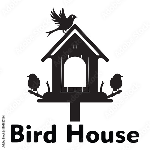 black and white bird house illustration. Bird house silhouette