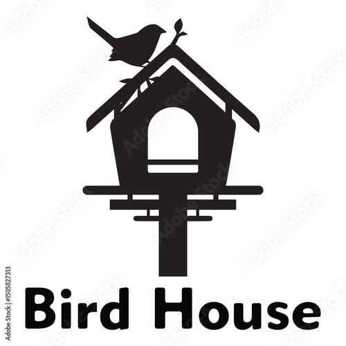 black and white bird house illustration. Bird house silhouette