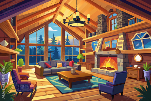 vector of Large living room of a luxurious log cabin with a fireplace in a warm atmosphere.