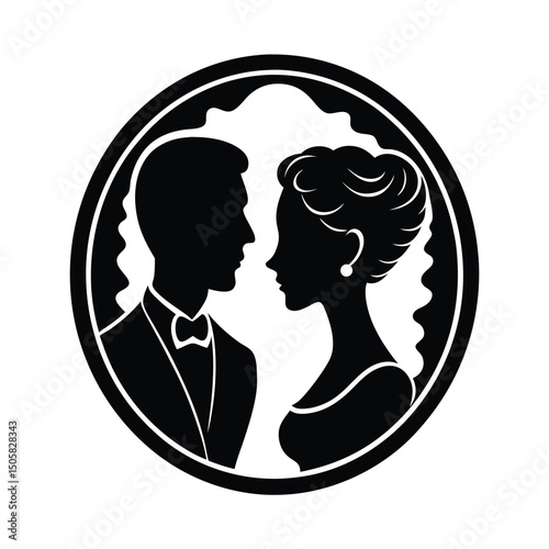 Couple cameo face to face in front of mirror silhouette 