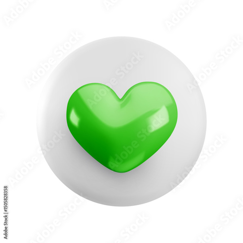 Vector cartoon minimal 3d white button with green heart icon. Realistic render of circle like button sign, cute favorites symbol, comment in social media, like counter concept, eco love sticker.